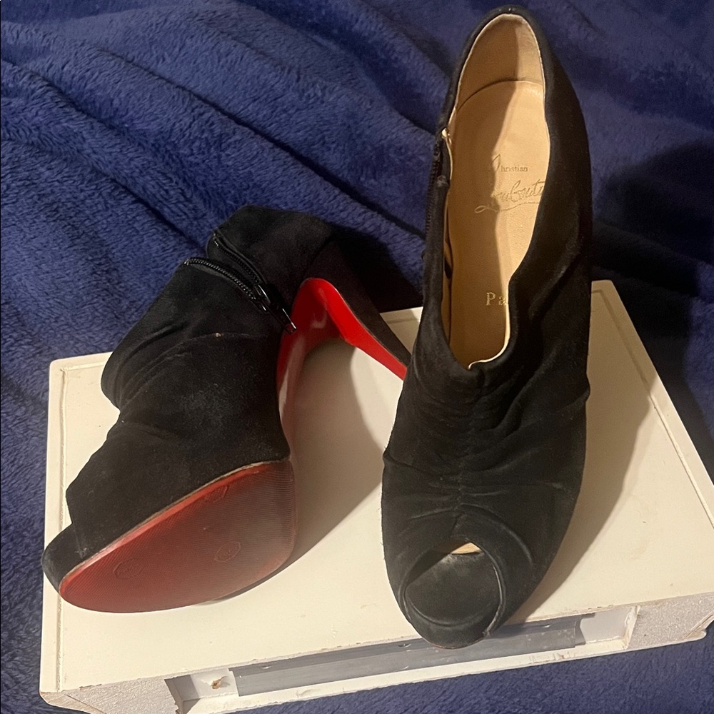 Christian Louboutin Black Peep-Toe Heels with Red Sole